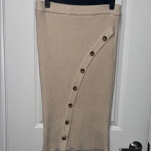 Beige Button-Accent Ribbed Skirt